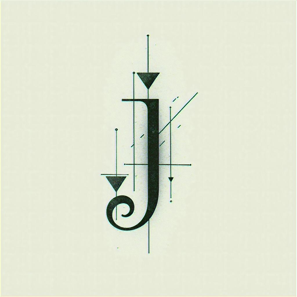 Geometric lines with letter G, J, Gin minimalist style tattoo, featuring simple shapes and fine lines, with minimal shading and details, tiny triangles, creating a sense of balance and harmony - Variation 4