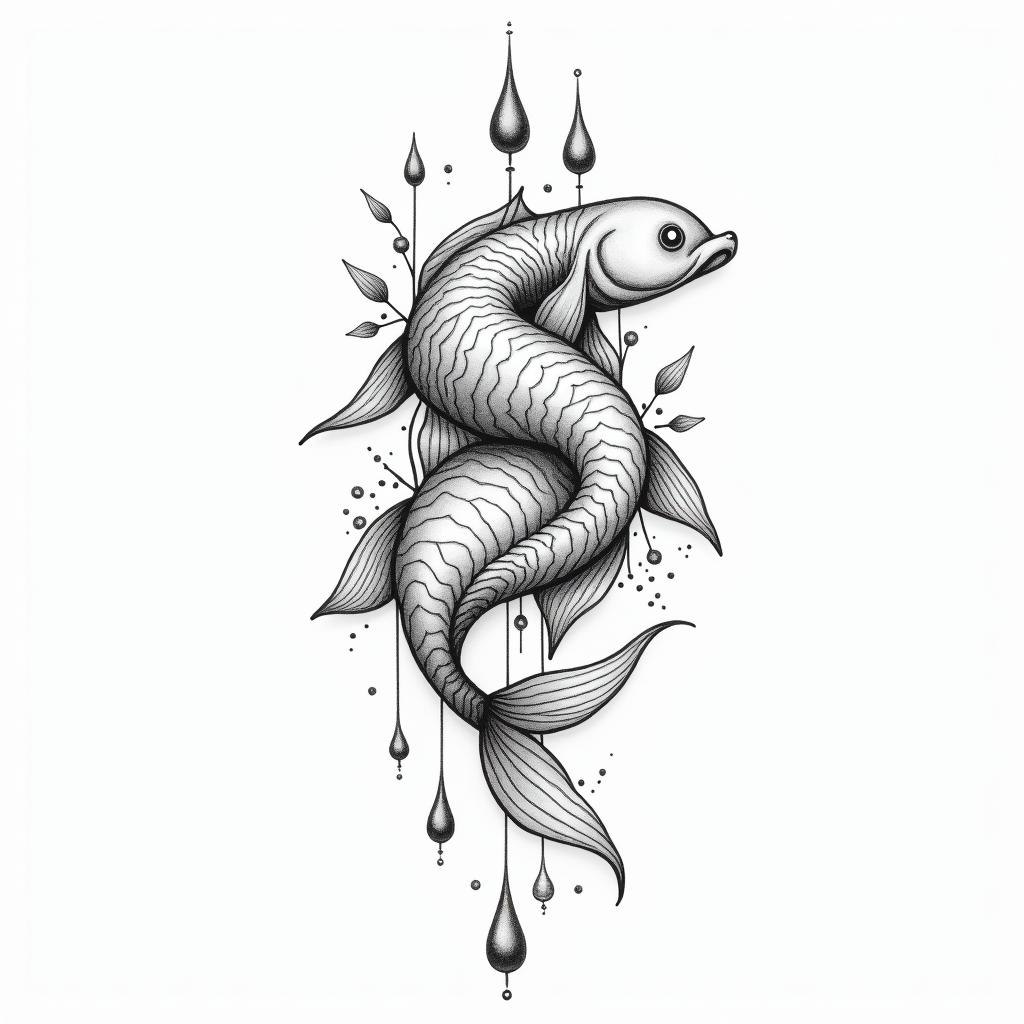A symbolic representation of the sign of Pisces, delicately integrated with water motifs such as waves and droplets, in a fine and minimalist style, emphasizing fluidity and lightness, to celebrate the connection with the son named James, without text.higly detailed tattoo - Variation 3