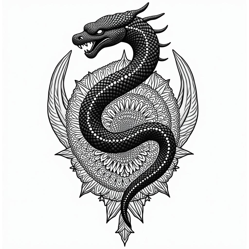 Black mambain dotwork style tattoo, complex mandala patterns, interlocking geometric shapes with sharp symmetry, clean lines, sharp angles - Variation 3