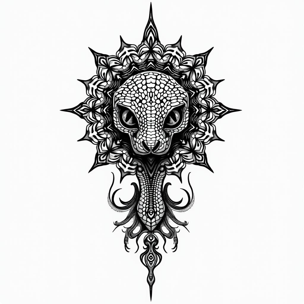 Black mambain dotwork style tattoo, complex mandala patterns, interlocking geometric shapes with sharp symmetry, clean lines, sharp angles - Variation 2