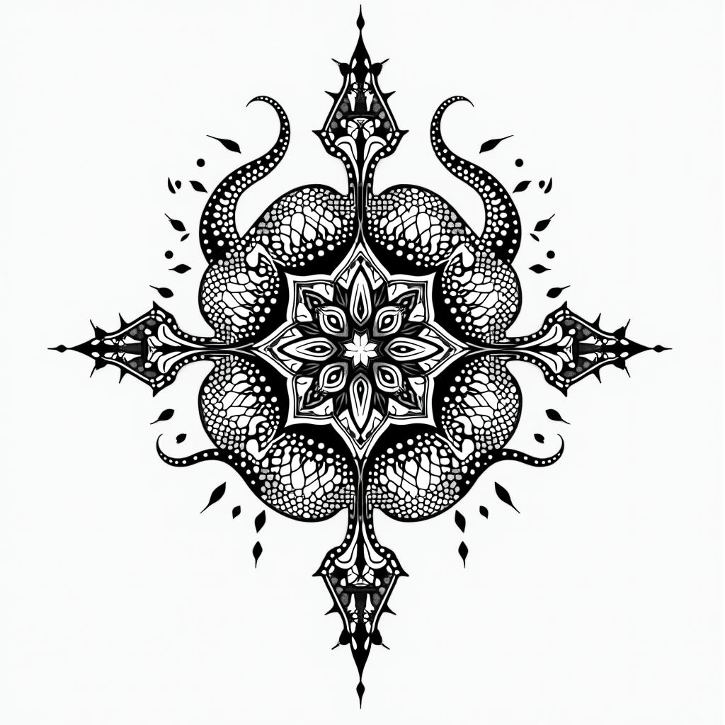 Black mambain dotwork style tattoo, complex mandala patterns, interlocking geometric shapes with sharp symmetry, clean lines, sharp angles
