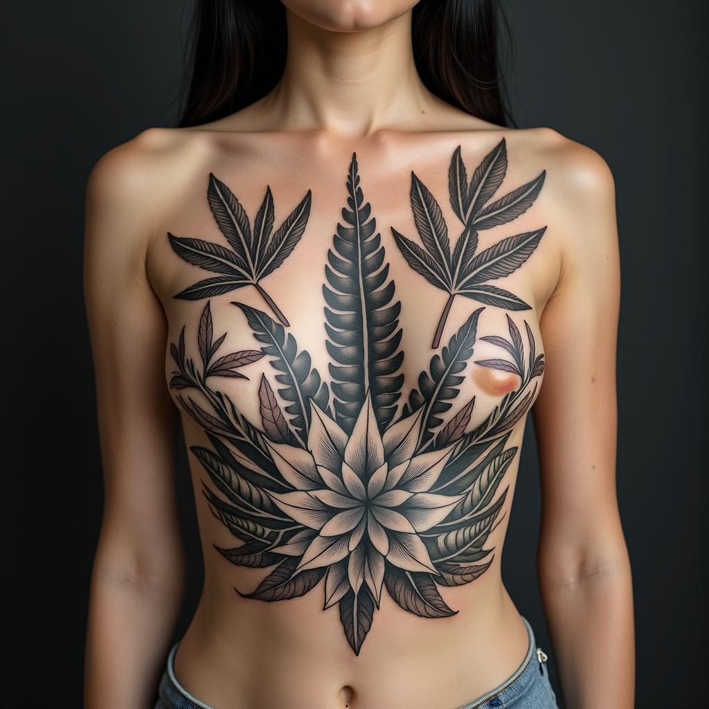 Lots of Different Tropical plants
 with unique placement that looks like a back ground for a main tattoo piece in a Mandela designhigly detailed tattoo - Variation 7
