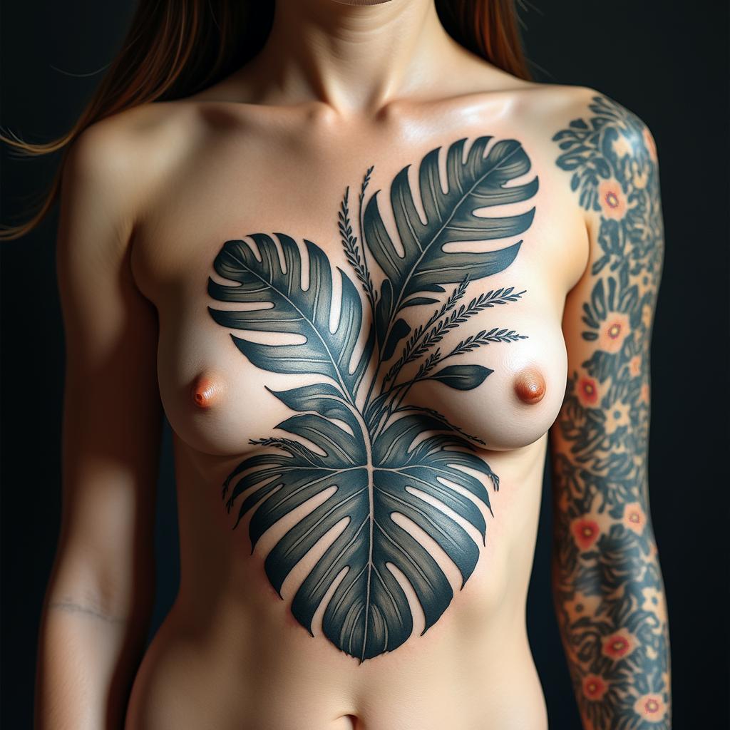Lots of Different Tropical plants
 with unique placement that looks like a back ground for a main tattoo piece in a Mandela designhigly detailed tattoo - Variation 2