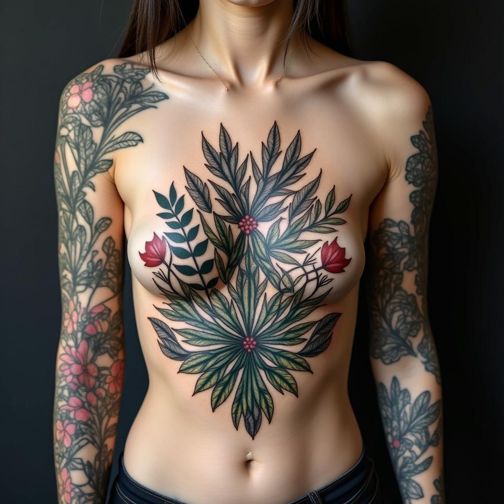 Lots of Different Tropical plants
 with unique placement that looks like a back ground for a main tattoo piece in a Mandela designhigly detailed tattoo