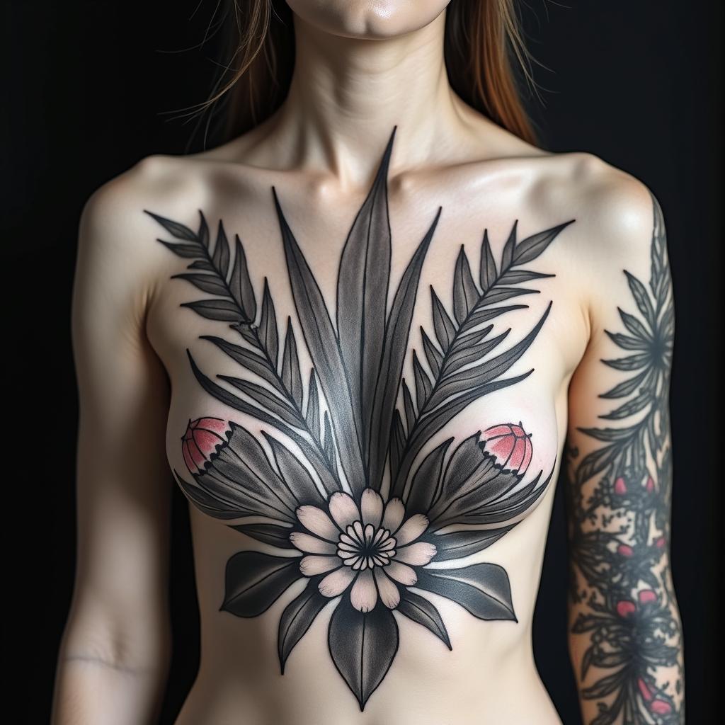 Lots of Different Tropical plants
 with unique placement that looks like a back ground for a main tattoo piece in a Mandela designhigly detailed tattoo - Variation 3