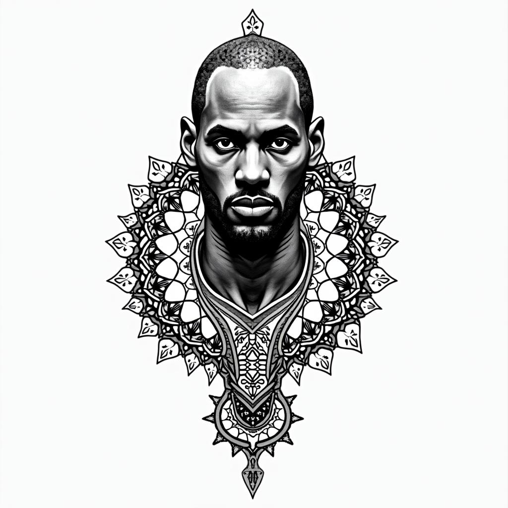 Black mamba, Kobe Bryantin dotwork style tattoo, complex mandala patterns, interlocking geometric shapes with sharp symmetry, clean lines, sharp angles - Variation 1