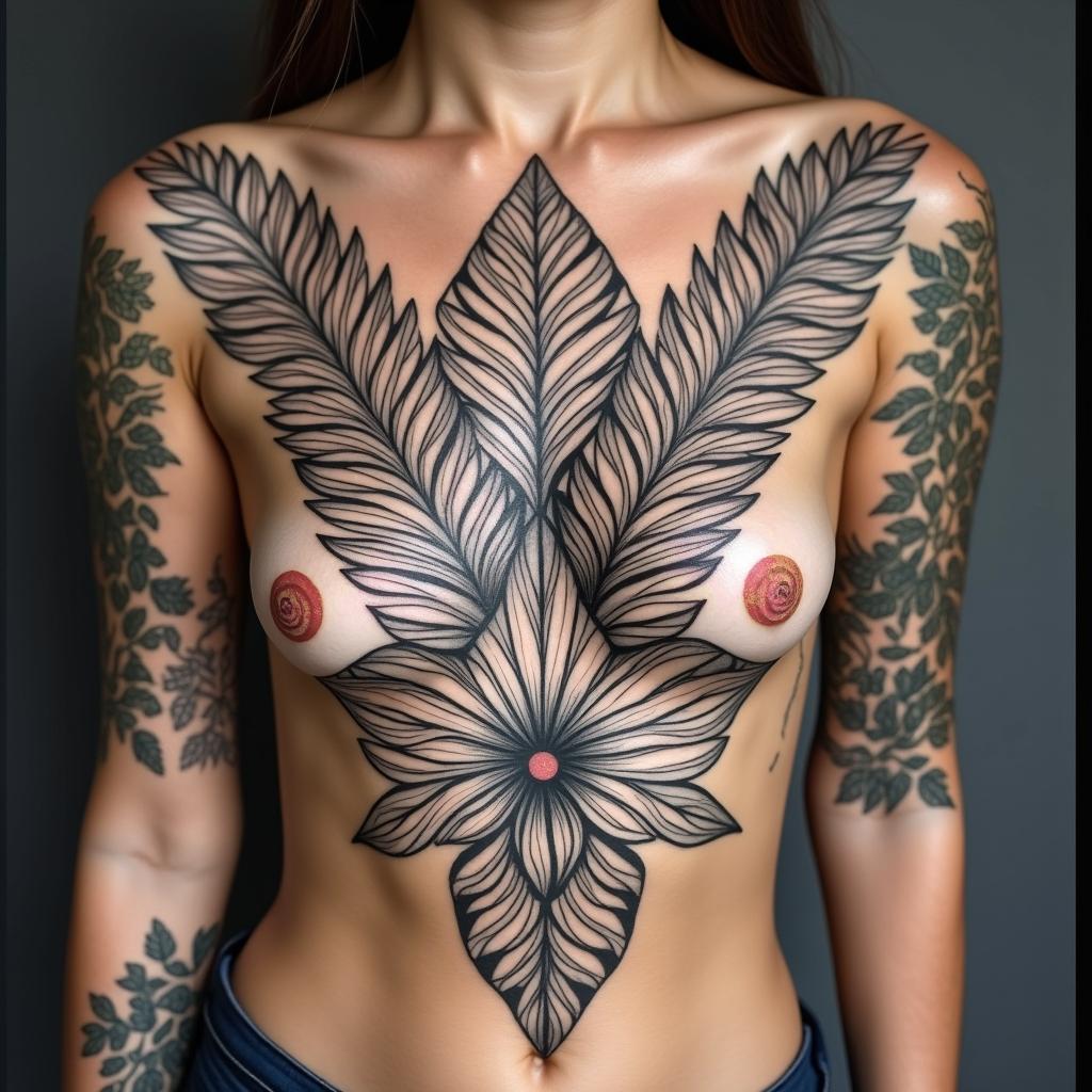 Lots of Different Tropical plants
 with unique placement that looks like a back ground for a main tattoo piece in a Mandela designin ornamental tattoo style, featuring intricate symmetrical patterns and floral designs, showcasing highly detailed line work and geometric shapes, creating a sense of elegance and balance - Variation 2