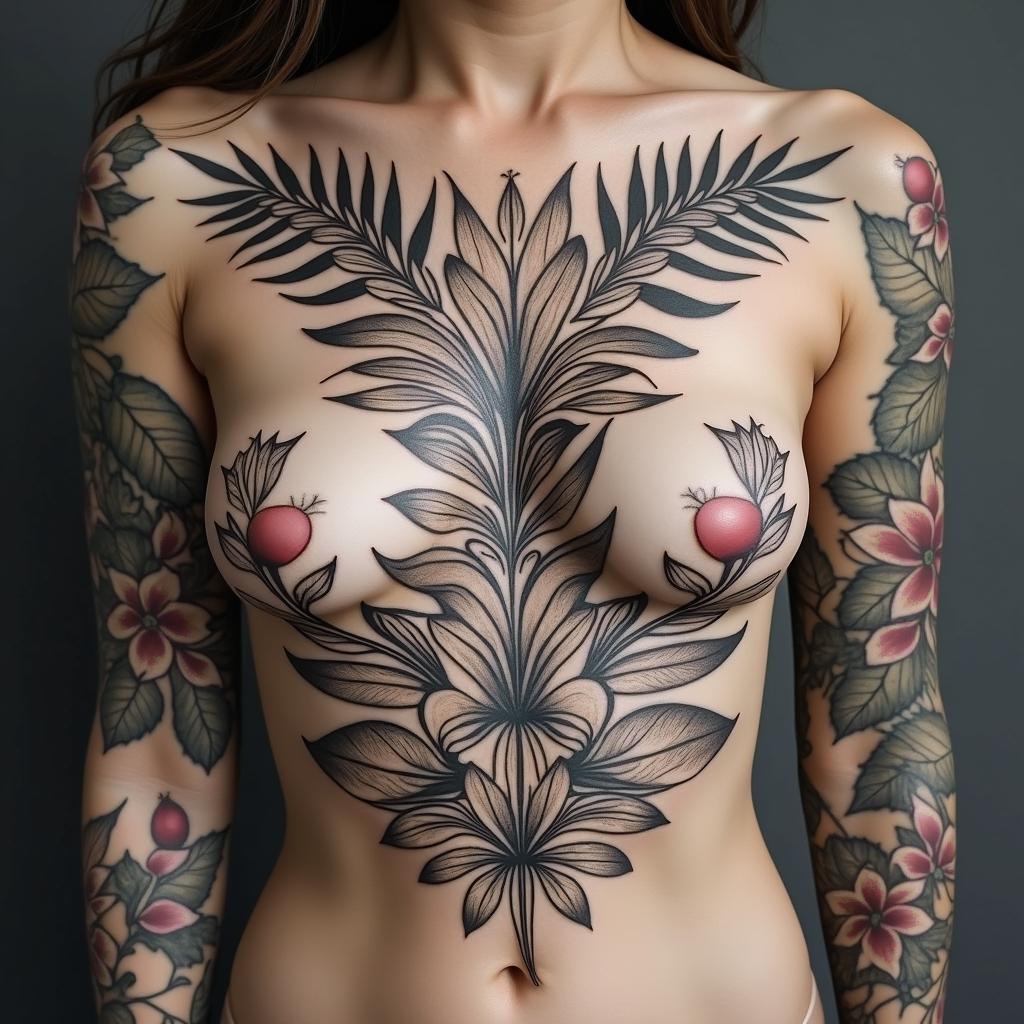 Lots of Different Tropical plants
 with unique placement that looks like a back ground for a main tattoo piece in a Mandela designin ornamental tattoo style, featuring intricate symmetrical patterns and floral designs, showcasing highly detailed line work and geometric shapes, creating a sense of elegance and balance - Variation 4