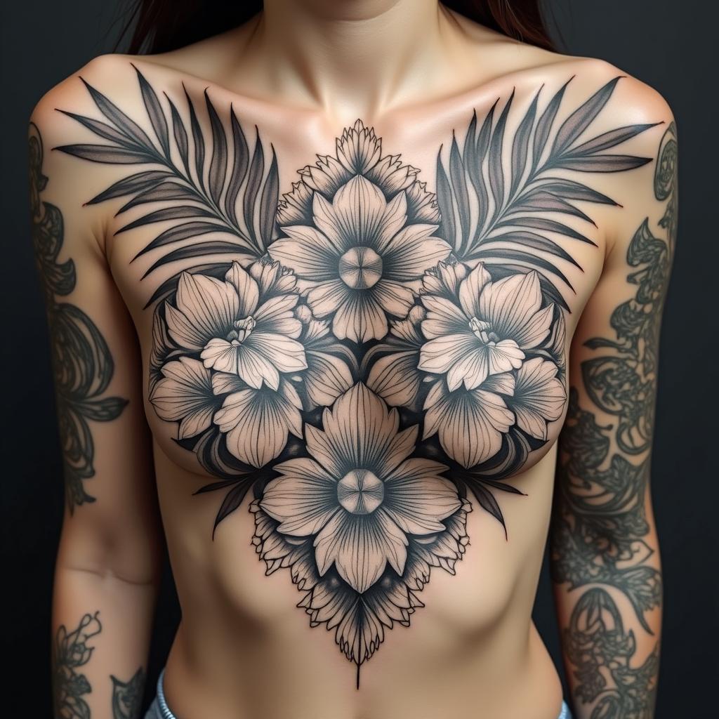 Lots of Different Tropical plants
 with unique placement that looks like a back ground for a main tattoo piece in a Mandela designin ornamental tattoo style, featuring intricate symmetrical patterns and floral designs, showcasing highly detailed line work and geometric shapes, creating a sense of elegance and balance - Variation 3