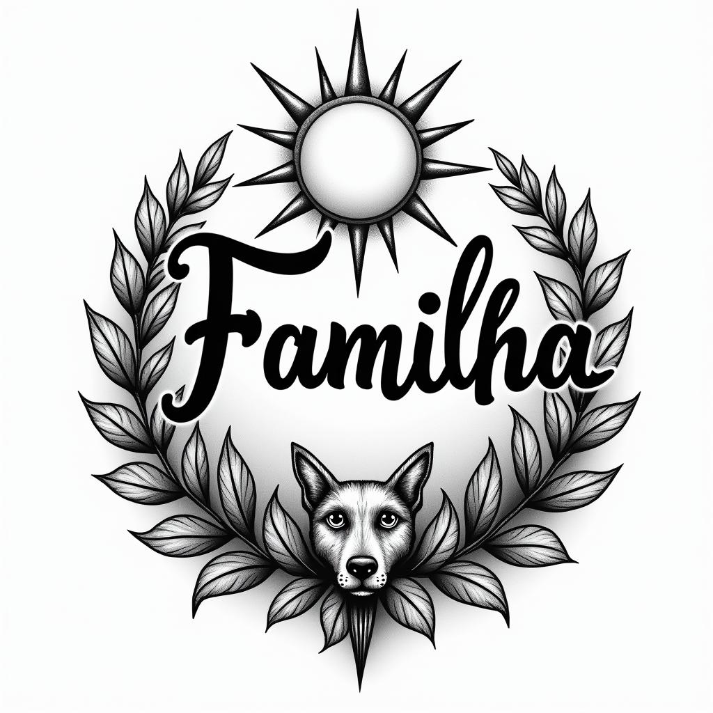 A tattoo design featuring the word "Familha" in a stylish script, surrounded by symbols representing a strong family bond, including elements or motifs inspired by the city of Nice, such as a sun, waves, and the silhouette of a malinois dog named Kira, capturing the essence of unity and love among a close-knit family.higly detailed tattoo - Variation 4
