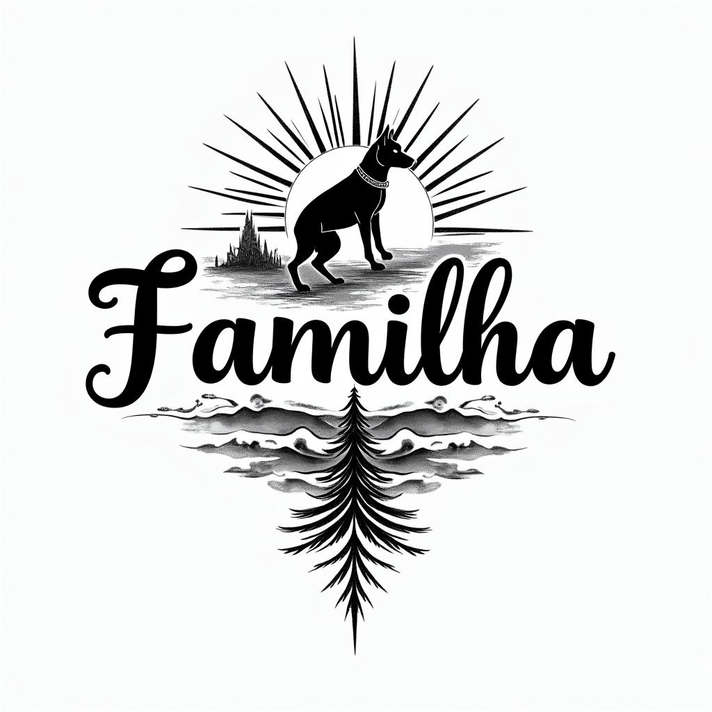 A tattoo design featuring the word "Familha" in a stylish script, surrounded by symbols representing a strong family bond, including elements or motifs inspired by the city of Nice, such as a sun, waves, and the silhouette of a malinois dog named Kira, capturing the essence of unity and love among a close-knit family.higly detailed tattoo