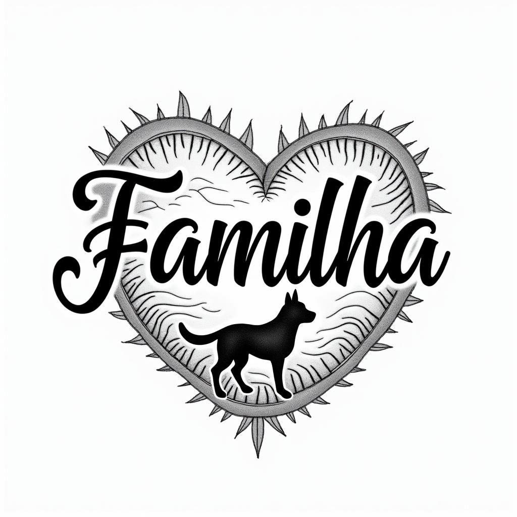 A tattoo design featuring the word "Familha" in a stylish script, surrounded by symbols representing a strong family bond, including elements or motifs inspired by the city of Nice, such as a sun, waves, and the silhouette of a malinois dog named Kira, capturing the essence of unity and love among a close-knit family.higly detailed tattoo - Variation 3