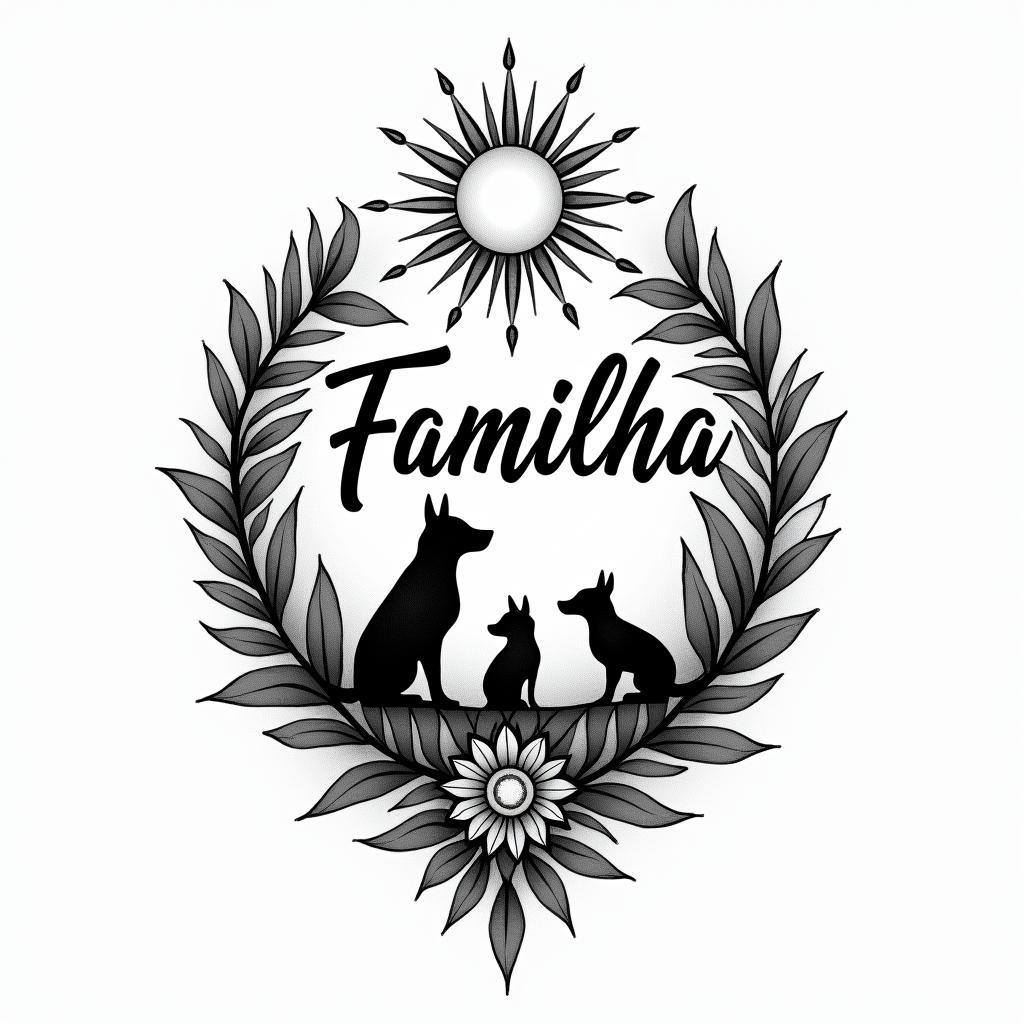 A tattoo design featuring the word "Familha" in a stylish script, surrounded by symbols representing a strong family bond, including elements or motifs inspired by the city of Nice, such as a sun, waves, and the silhouette of a malinois dog named Kira, capturing the essence of unity and love among a close-knit family.higly detailed tattoo - Variation 2