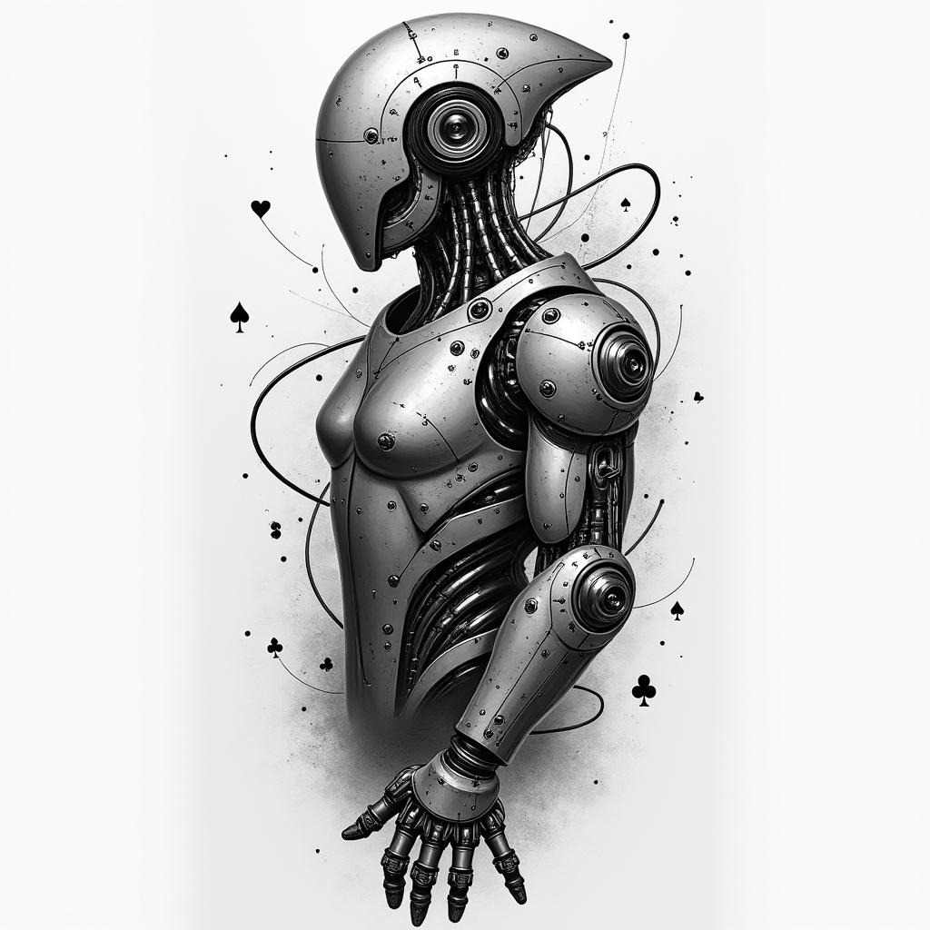 Computer science, Poker, templartattoo in biomechanic style, the tattoo covered by robotic elements of futuristic cyberpunk design, robotic features detail, showcasing intricate mechanical components