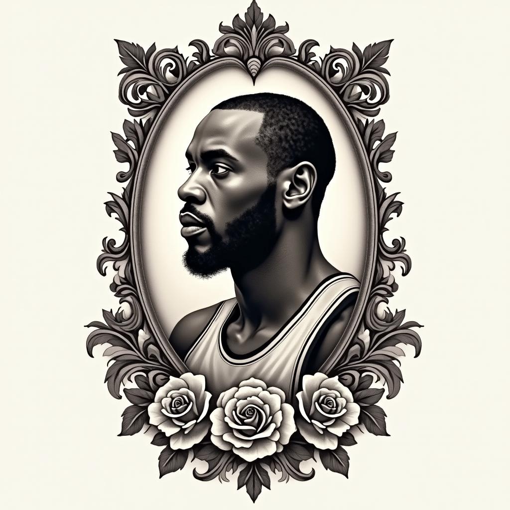 Black mamba, Kobe Bryantin victorian style tattoo, featuring vintage and elegant elements, ornate frames, roses, antique, sepia-toned color scheme - Variation 2