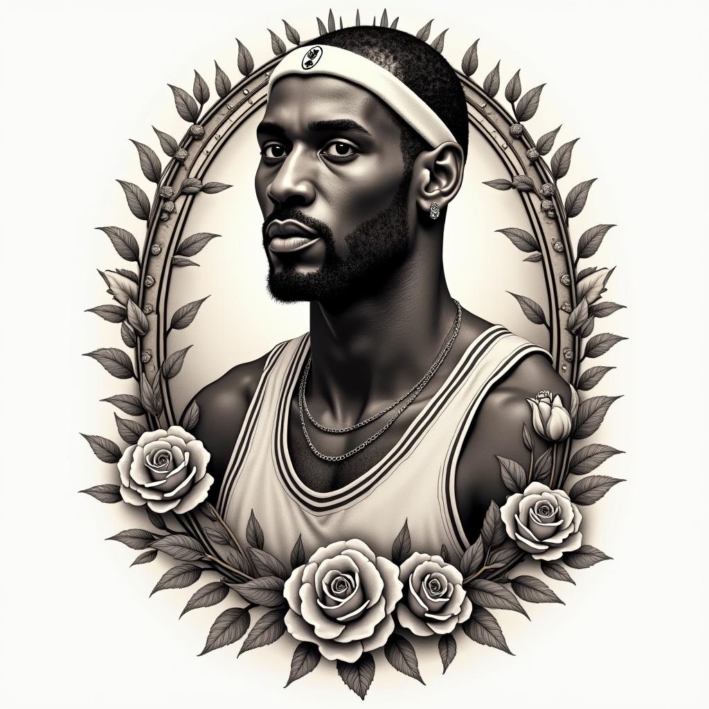 Black mamba, Kobe Bryantin victorian style tattoo, featuring vintage and elegant elements, ornate frames, roses, antique, sepia-toned color scheme - Variation 4