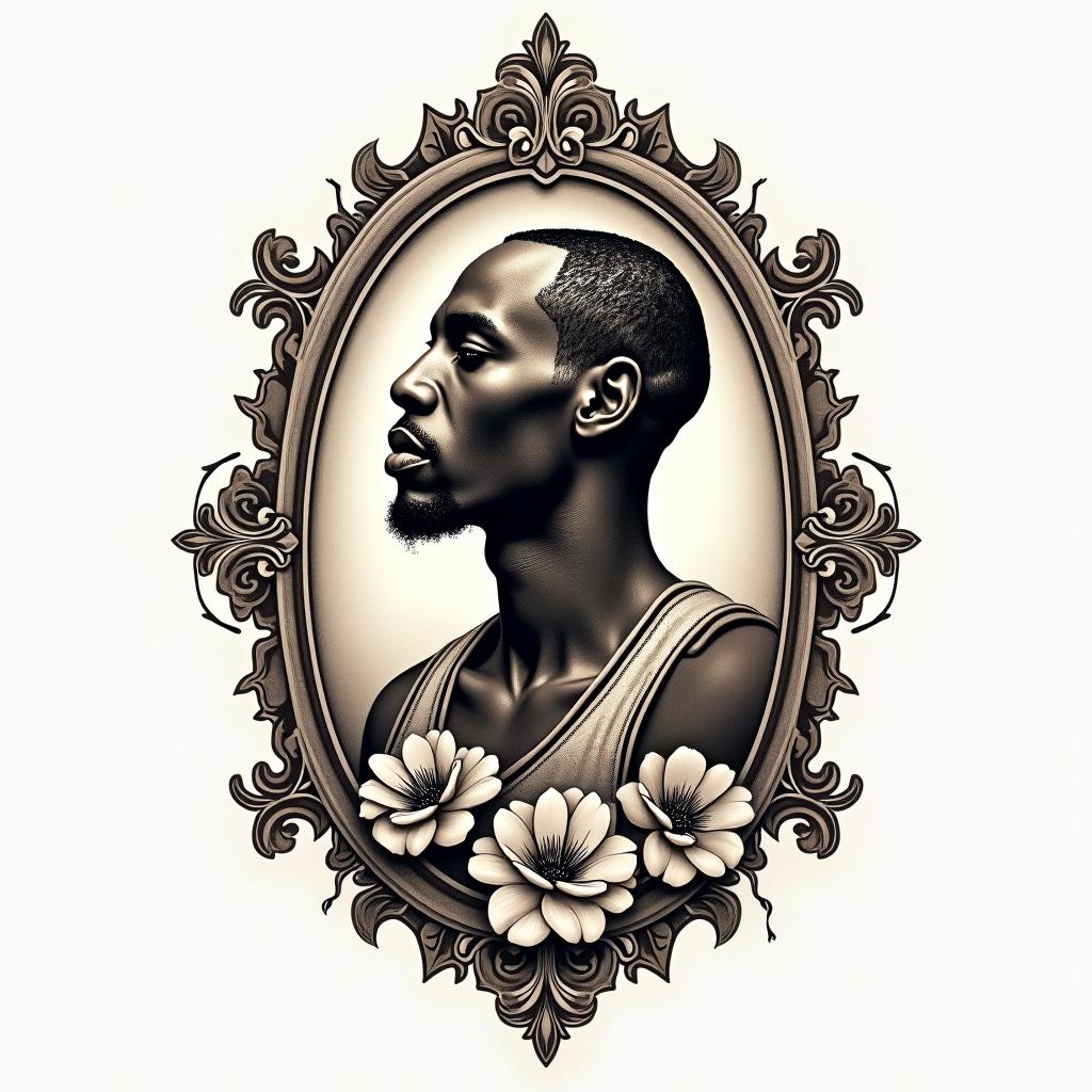 Black mamba, Kobe Bryantin victorian style tattoo, featuring vintage and elegant elements, ornate frames, roses, antique, sepia-toned color scheme
