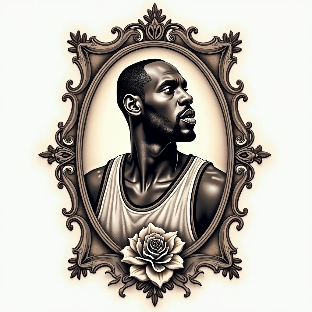 Black mamba, Kobe Bryantin victorian style tattoo, featuring vintage and elegant elements, ornate frames, roses, antique, sepia-toned color scheme - Variation 3