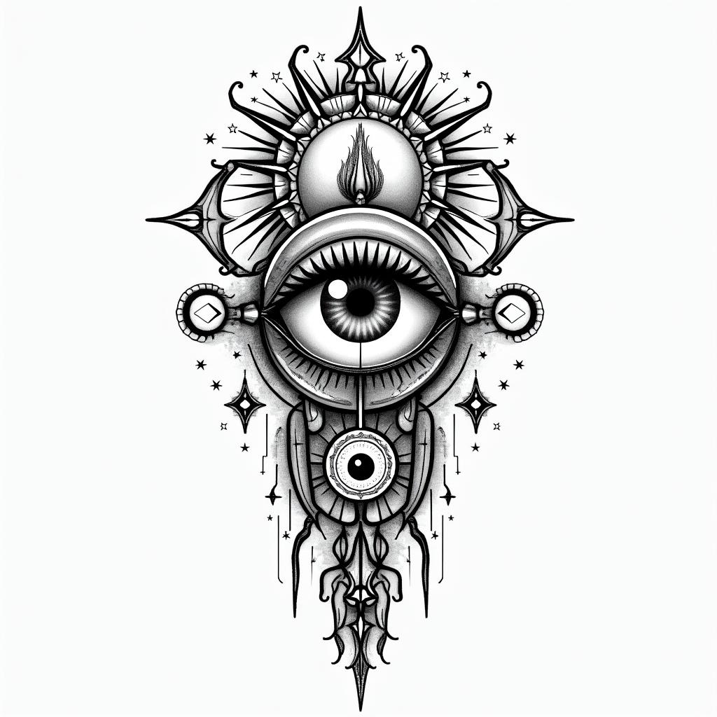 name: lauren, zodiac sign: aries, birthplace: calais mainein prophecy tattoo style, featuring mystical symbols, celestial imagery like stars, moons, suns, geometric patterns, foretelling elements, an eye of wisdom - Variation 3