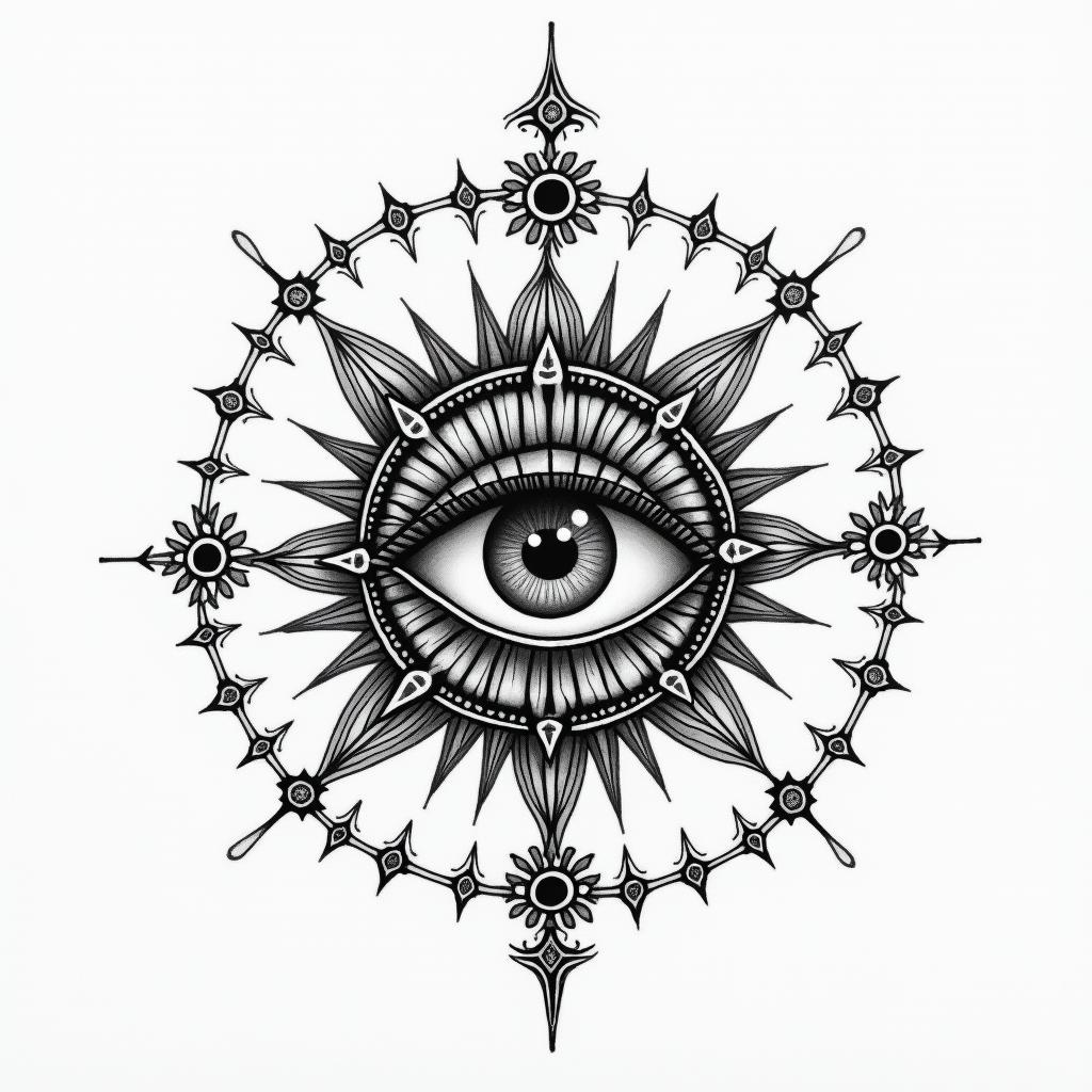 name: lauren, zodiac sign: aries, birthplace: calais mainein prophecy tattoo style, featuring mystical symbols, celestial imagery like stars, moons, suns, geometric patterns, foretelling elements, an eye of wisdom - Variation 4