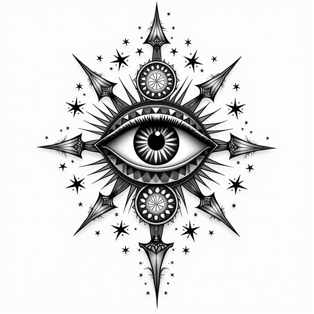 name: lauren, zodiac sign: aries, birthplace: calais mainein prophecy tattoo style, featuring mystical symbols, celestial imagery like stars, moons, suns, geometric patterns, foretelling elements, an eye of wisdom - Variation 2