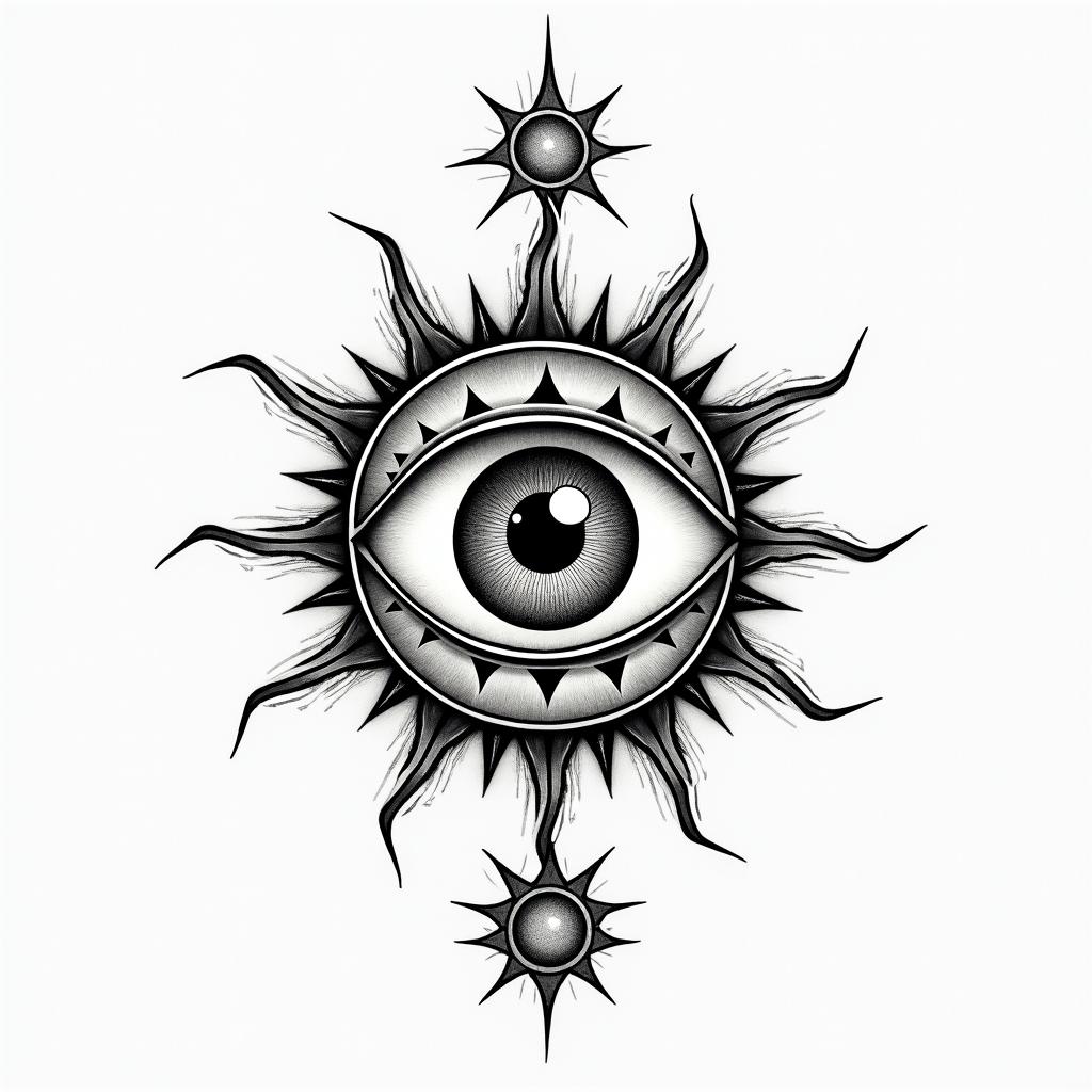 name: lauren, zodiac sign: aries, birthplace: calais mainein prophecy tattoo style, featuring mystical symbols, celestial imagery like stars, moons, suns, geometric patterns, foretelling elements, an eye of wisdom