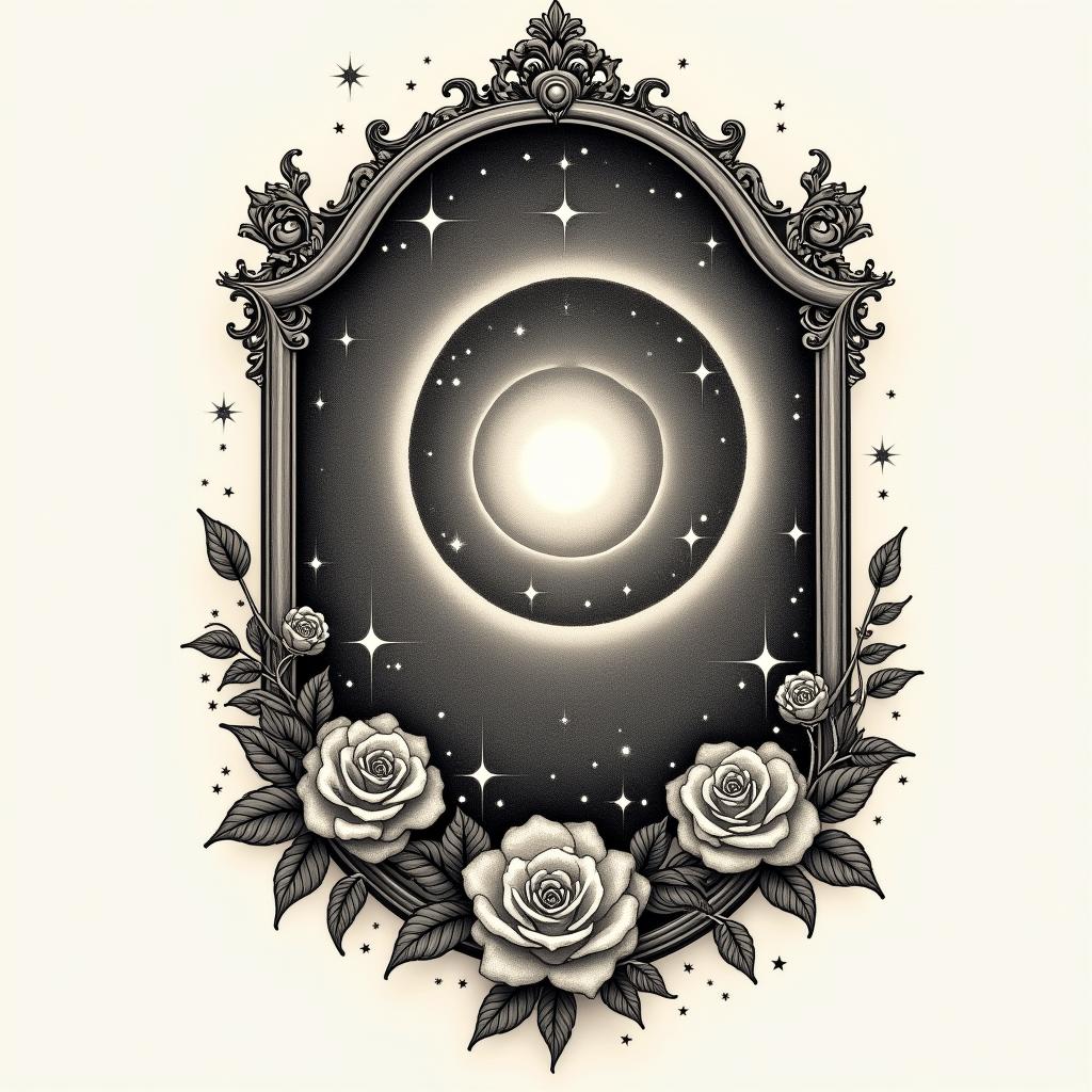 Spiral galaxy with stars and planetsin victorian style tattoo, featuring vintage and elegant elements, ornate frames, roses, antique, sepia-toned color scheme - Variation 5