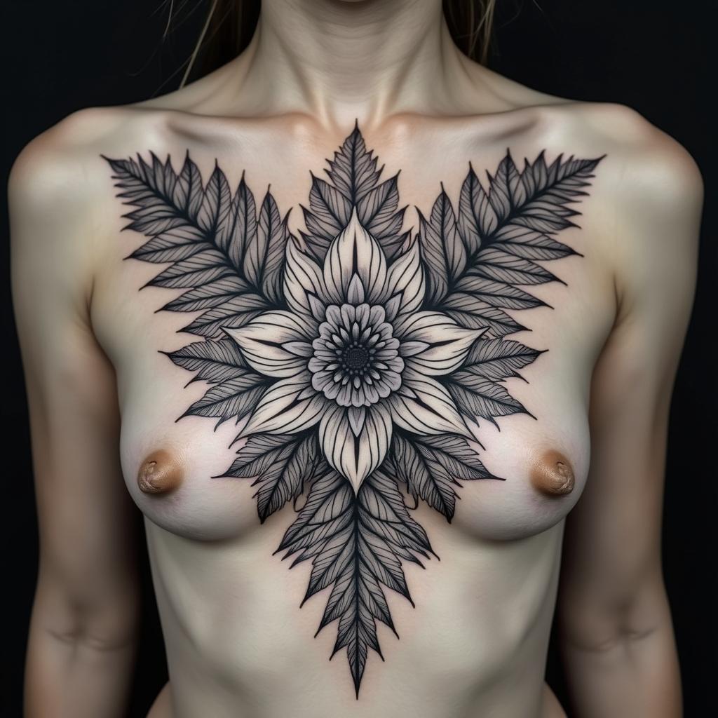 Fern leafs and tropical plants in a mandela designin ornamental tattoo style, featuring intricate symmetrical patterns and floral designs, showcasing highly detailed line work and geometric shapes, creating a sense of elegance and balance - Variation 2