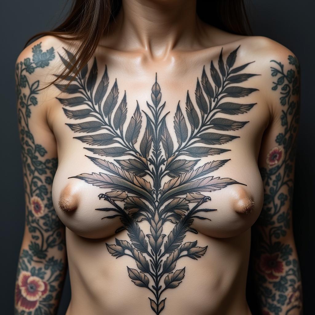 Fern leafs and tropical plants in a mandela designin ornamental tattoo style, featuring intricate symmetrical patterns and floral designs, showcasing highly detailed line work and geometric shapes, creating a sense of elegance and balance - Variation 4