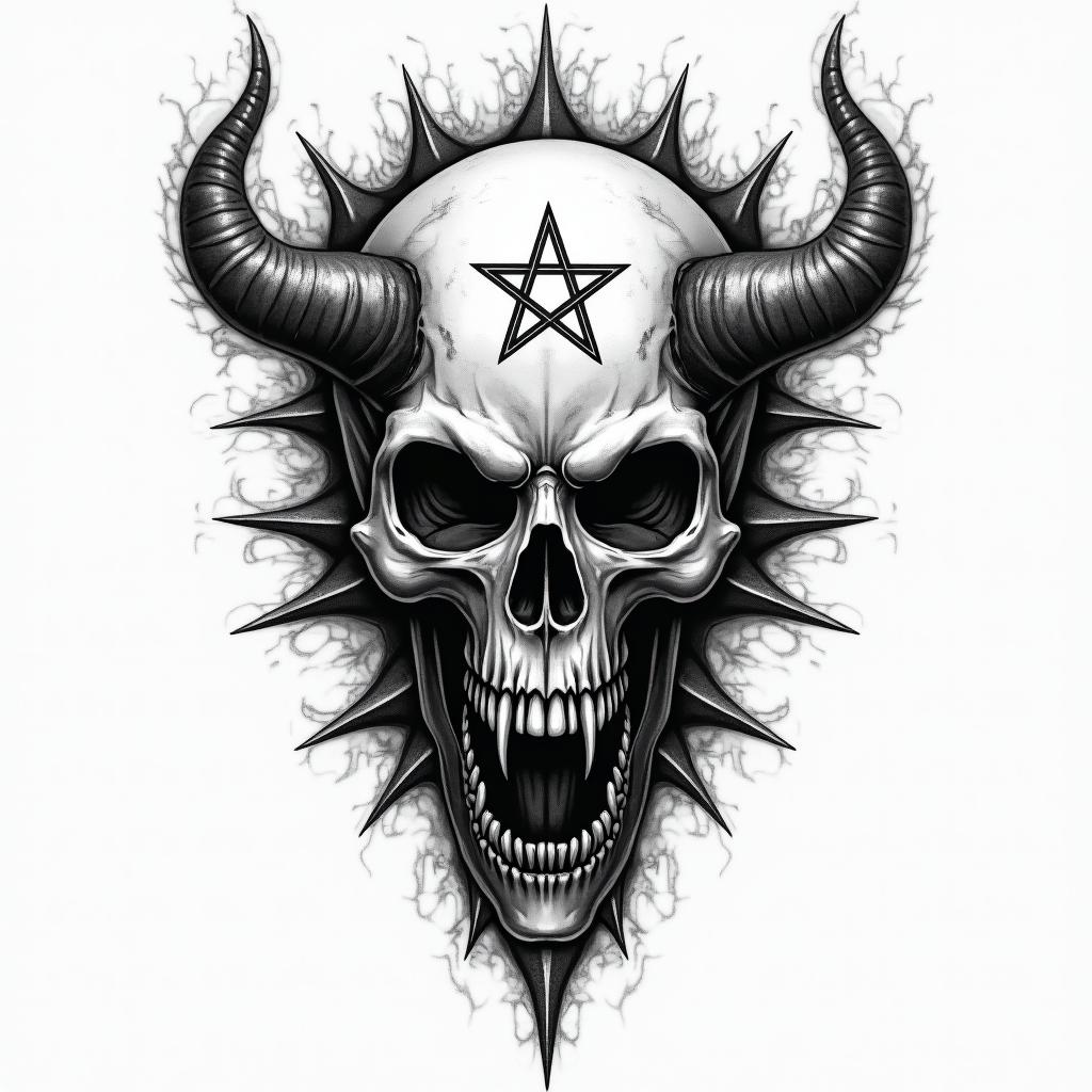 Skull thorns flaming dark tunnelcreepy horror tattoo style, featuring an eerie and unsettling skull of a demonic creature, distorted face with sharp fangs, add pentagram symbol