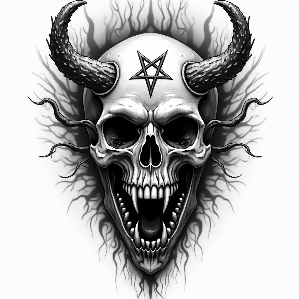 Skull thorns flaming dark tunnelcreepy horror tattoo style, featuring an eerie and unsettling skull of a demonic creature, distorted face with sharp fangs, add pentagram symbol - Variation 4