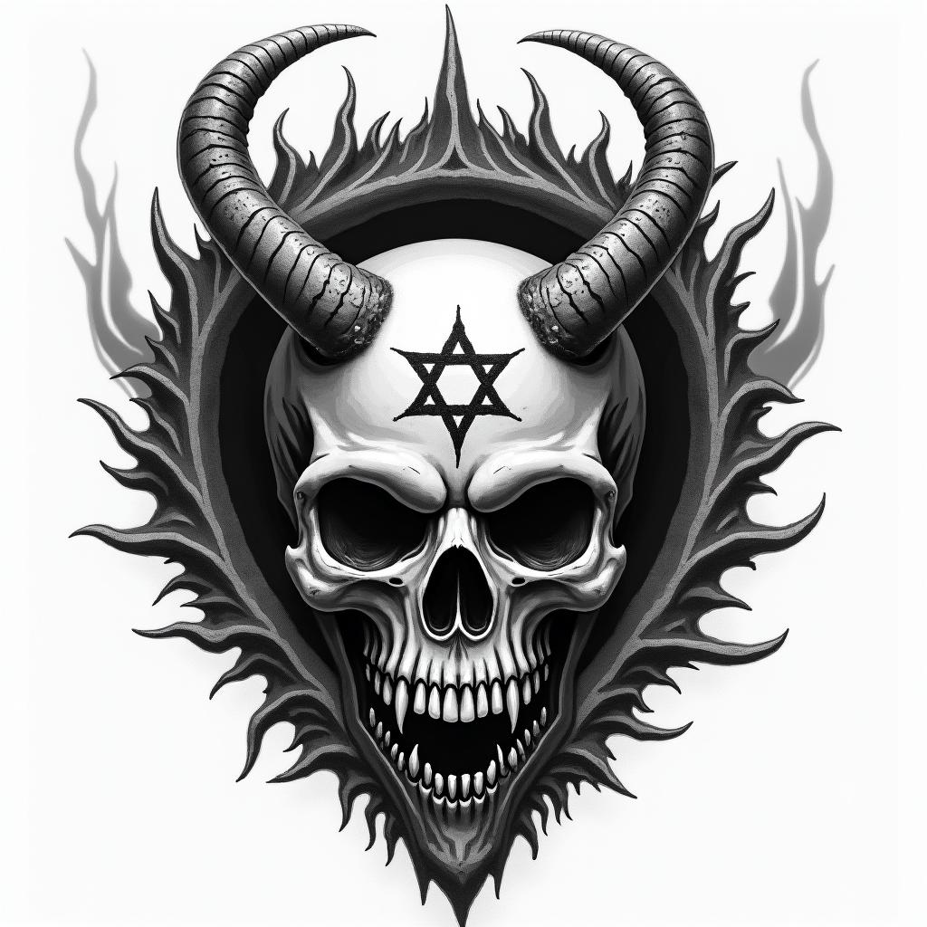 Skull thorns flaming dark tunnelcreepy horror tattoo style, featuring an eerie and unsettling skull of a demonic creature, distorted face with sharp fangs, add pentagram symbol - Variation 2