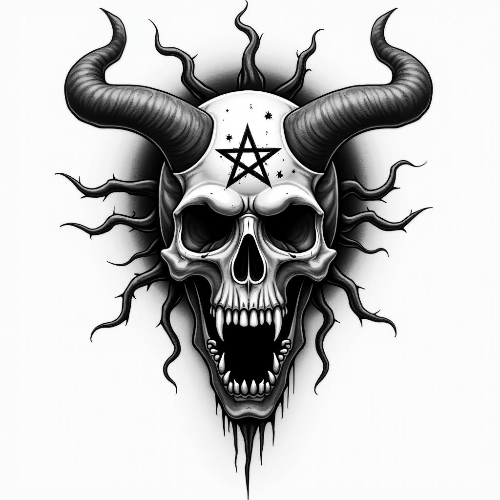 Skull thorns flaming dark tunnelcreepy horror tattoo style, featuring an eerie and unsettling skull of a demonic creature, distorted face with sharp fangs, add pentagram symbol - Variation 3