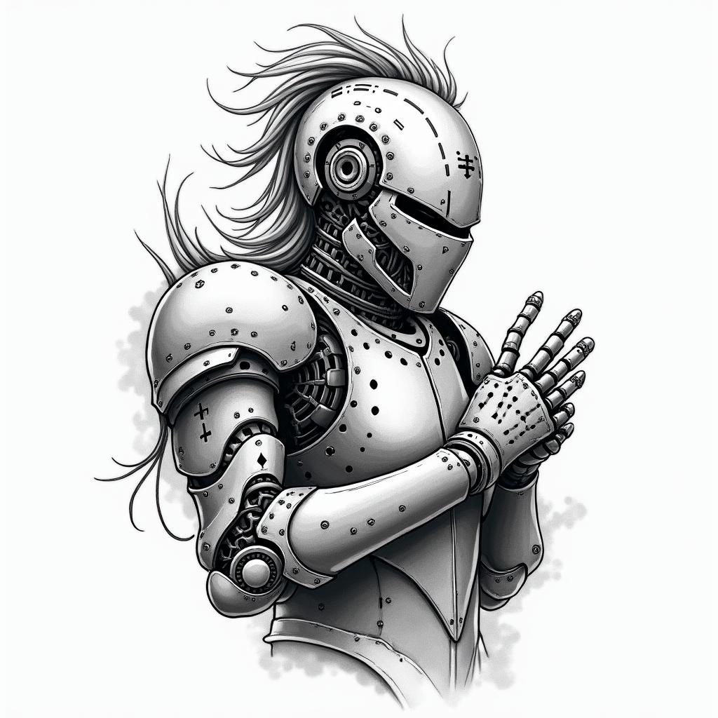 Automobile, Knight, Pokertattoo in biomechanic style, the tattoo covered by robotic elements of futuristic cyberpunk design, robotic features detail, showcasing intricate mechanical components - Variation 4