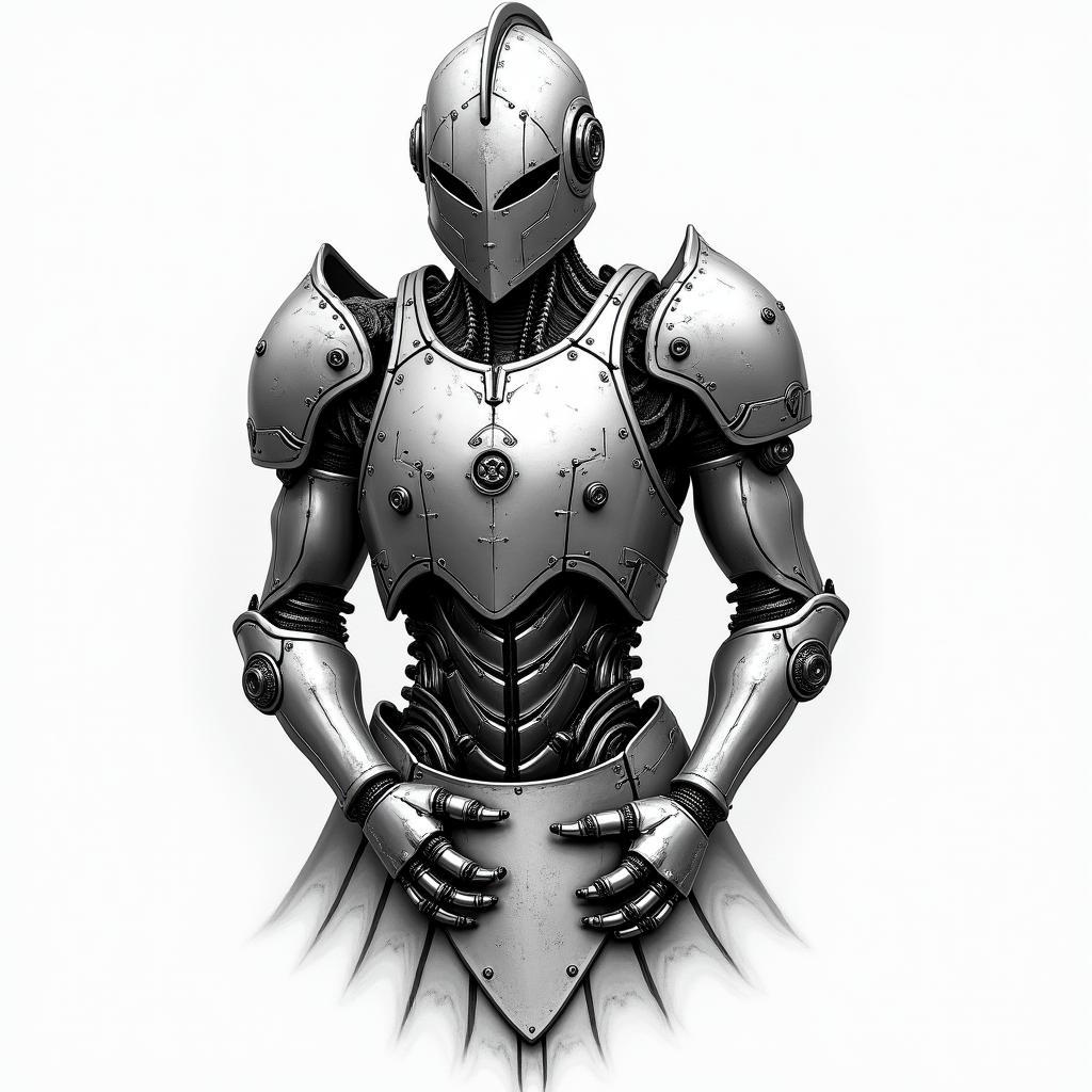 Automobile, Knight, Pokertattoo in biomechanic style, the tattoo covered by robotic elements of futuristic cyberpunk design, robotic features detail, showcasing intricate mechanical components - Variation 3