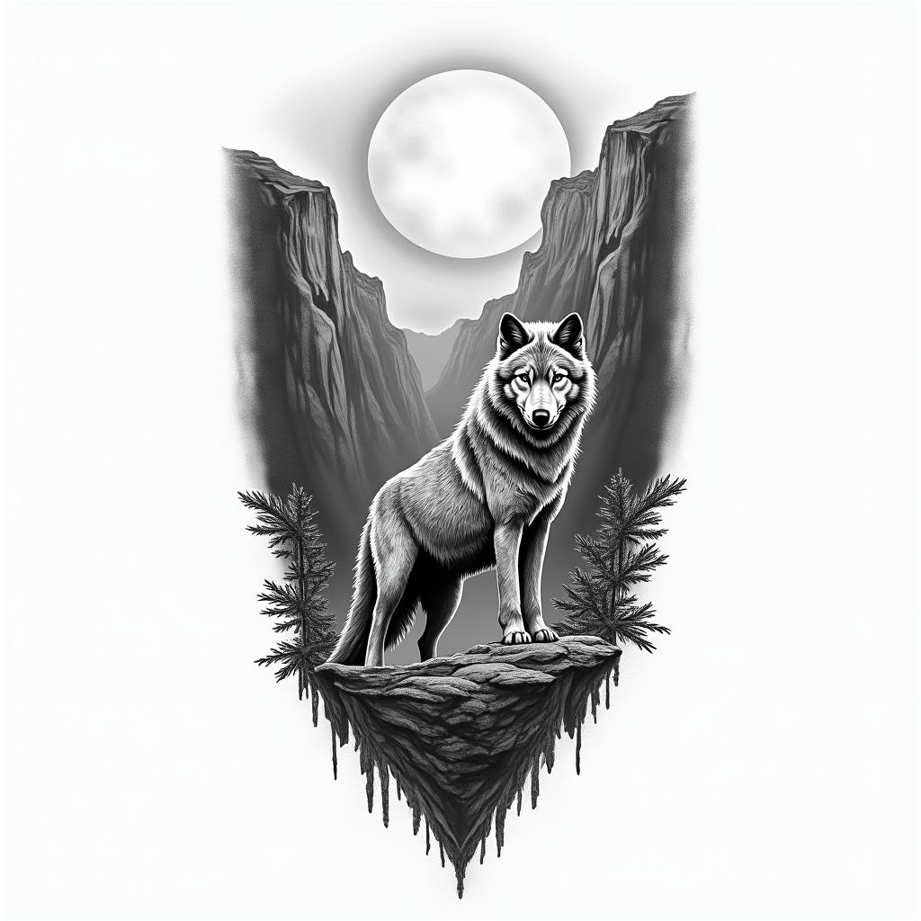 A tattoo design combining the breathtaking landscapes of a canyon in the United States with the powerful imagery of a wolf, symbolizing family. The canyon should feature dramatic cliffs and rugged terrain, while the wolf should be depicted in a noble stance, embodying familial strength and connection, set against the backdrop of the canyon, creating a harmonious blend of nature and personal significance.higly detailed tattoo