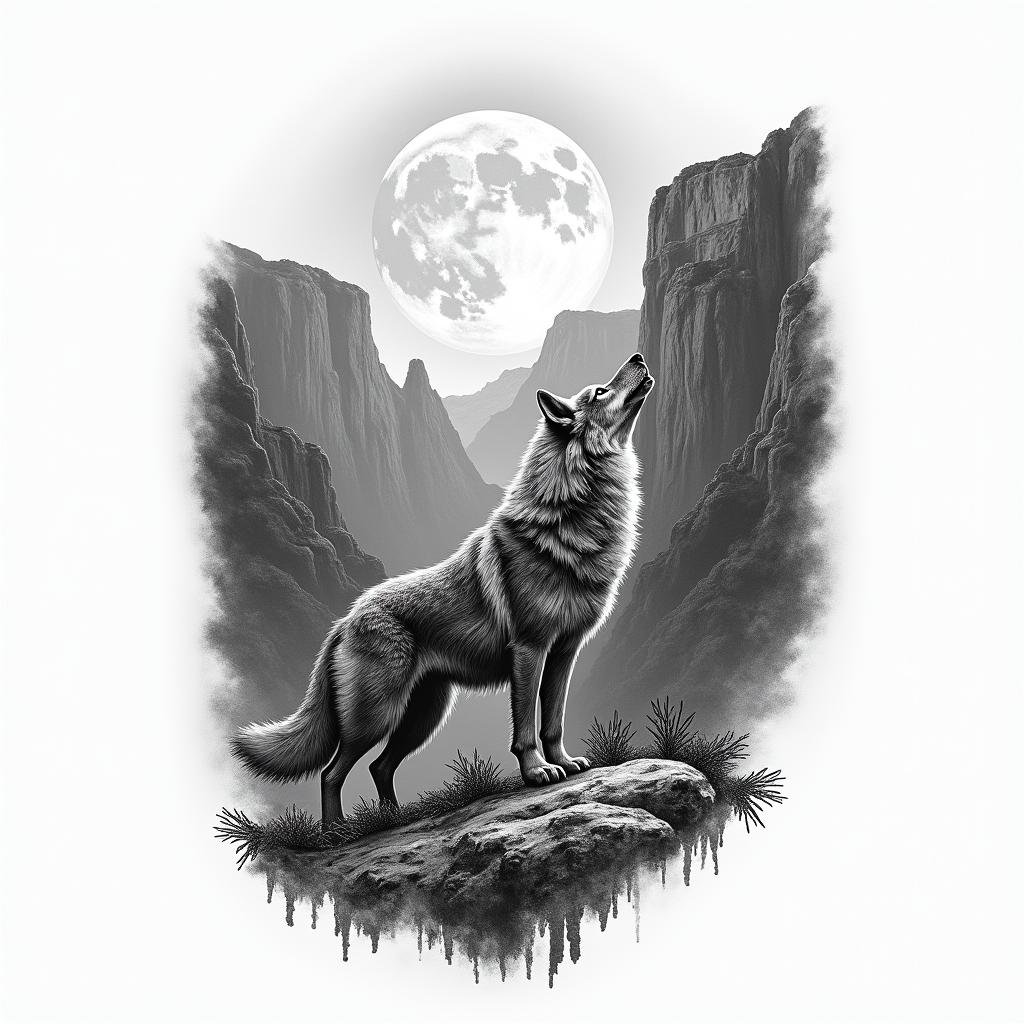 A tattoo design combining the breathtaking landscapes of a canyon in the United States with the powerful imagery of a wolf, symbolizing family. The canyon should feature dramatic cliffs and rugged terrain, while the wolf should be depicted in a noble stance, embodying familial strength and connection, set against the backdrop of the canyon, creating a harmonious blend of nature and personal significance.higly detailed tattoo - Variation 3