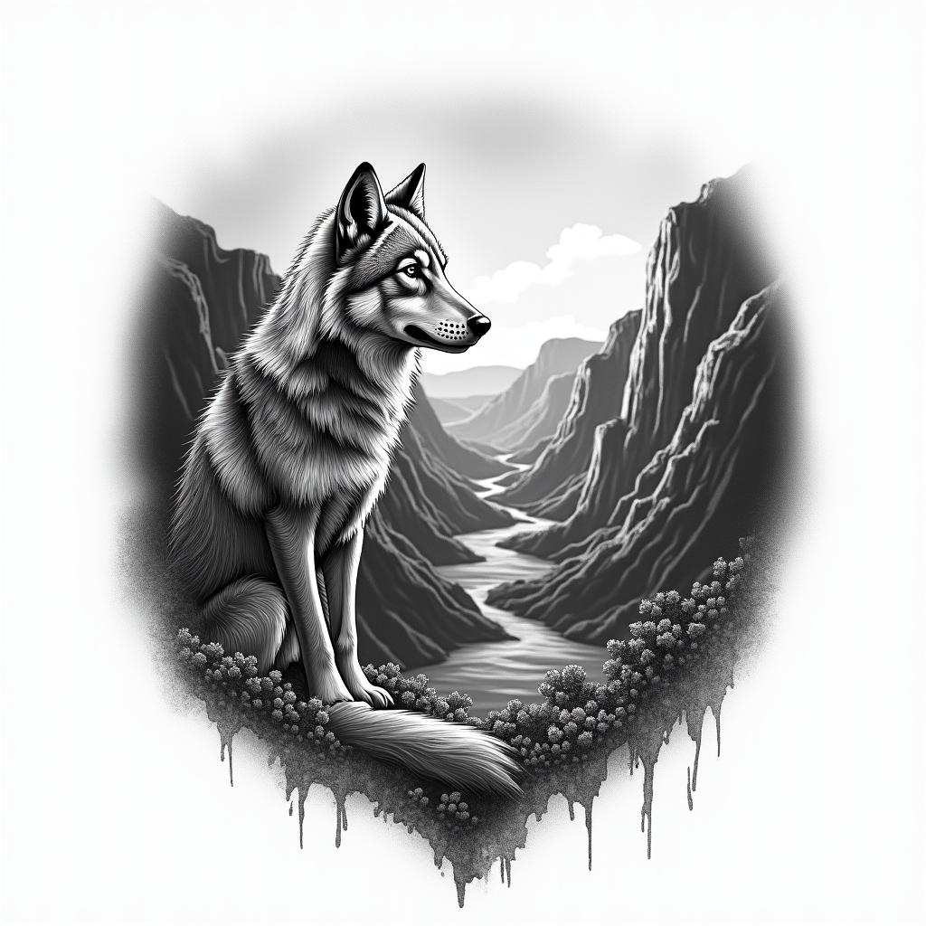 A tattoo design combining the breathtaking landscapes of a canyon in the United States with the powerful imagery of a wolf, symbolizing family. The canyon should feature dramatic cliffs and rugged terrain, while the wolf should be depicted in a noble stance, embodying familial strength and connection, set against the backdrop of the canyon, creating a harmonious blend of nature and personal significance.higly detailed tattoo - Variation 4