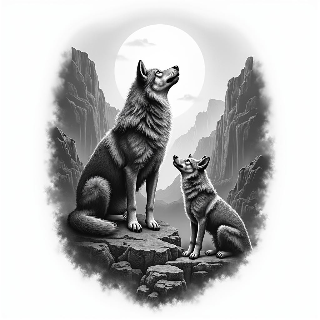 A tattoo design combining the breathtaking landscapes of a canyon in the United States with the powerful imagery of a wolf, symbolizing family. The canyon should feature dramatic cliffs and rugged terrain, while the wolf should be depicted in a noble stance, embodying familial strength and connection, set against the backdrop of the canyon, creating a harmonious blend of nature and personal significance.higly detailed tattoo - Variation 2
