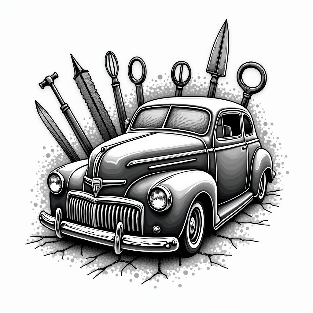 Mechanic tools carsin authentic tattoo style, incorporating traditional modifications, bold black outlines, solid color fills, featuring classic authentic elements - Variation 3
