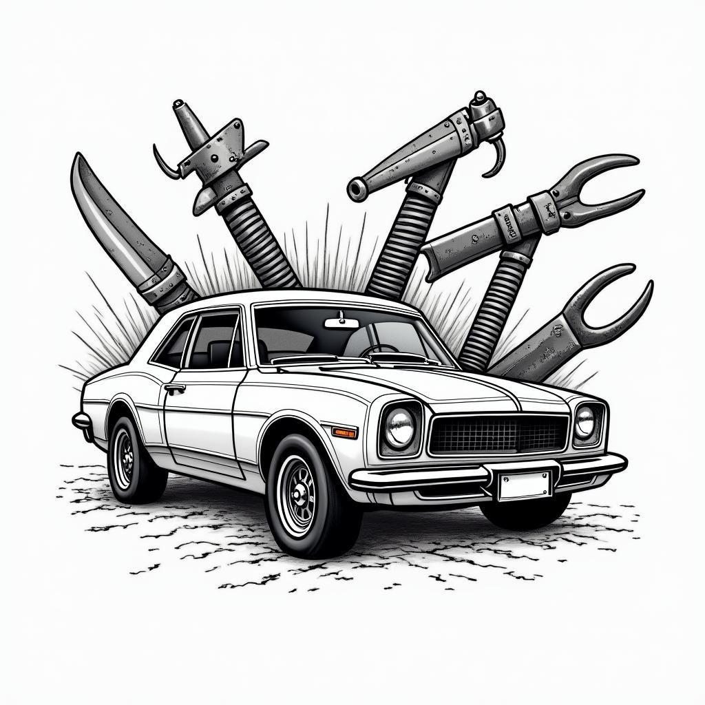 Mechanic tools carsin authentic tattoo style, incorporating traditional modifications, bold black outlines, solid color fills, featuring classic authentic elements - Variation 4