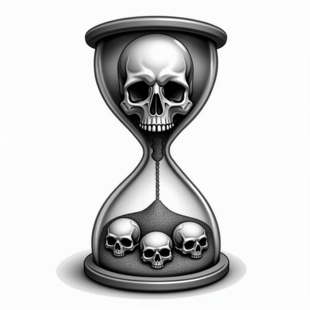Hourglass with sand and skullstattoo in biomechanic style, the tattoo covered by robotic elements of futuristic cyberpunk design, robotic features detail, showcasing intricate mechanical components