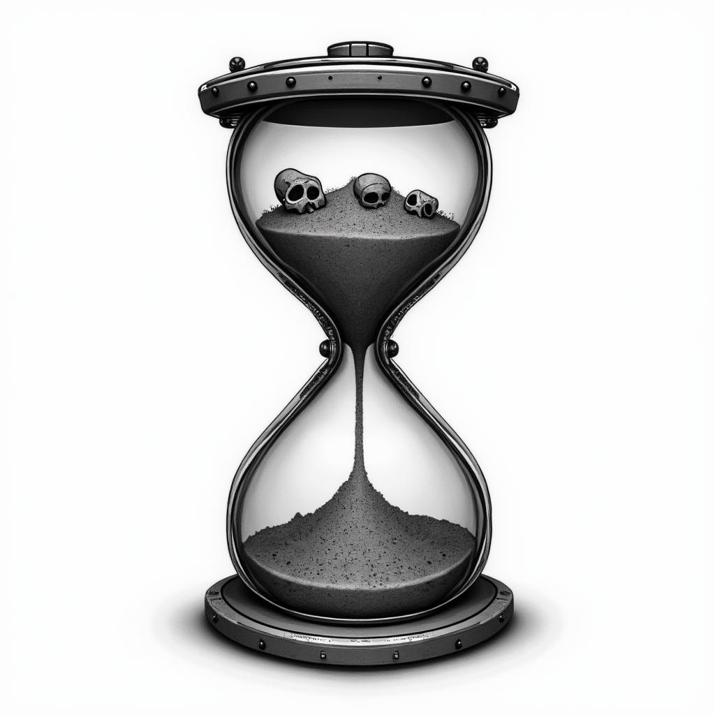 Hourglass with sand and skullstattoo in biomechanic style, the tattoo covered by robotic elements of futuristic cyberpunk design, robotic features detail, showcasing intricate mechanical components - Variation 2