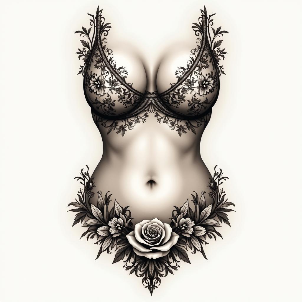 floral that goes between the breasts and down to the stomachin victorian style tattoo, featuring vintage and elegant elements, ornate frames, roses, antique, sepia-toned color scheme - Variation 4