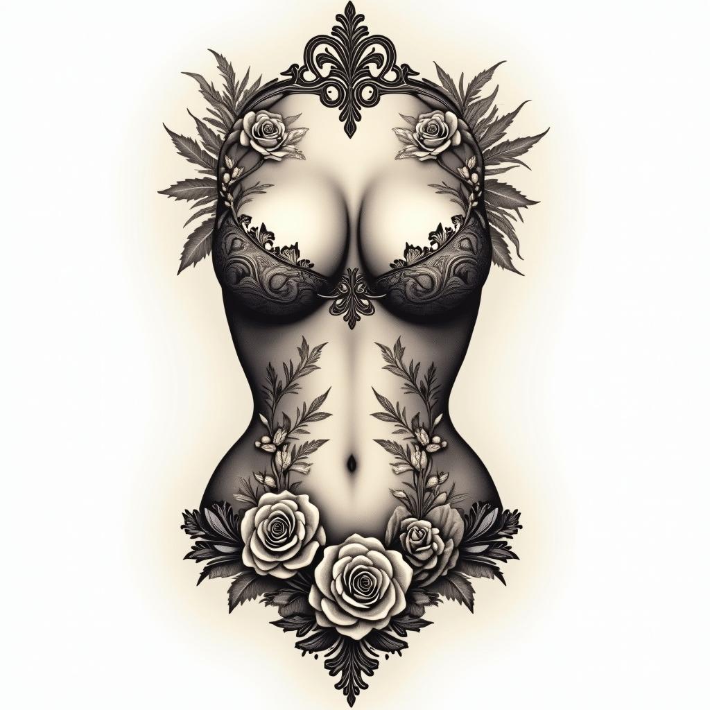 floral that goes between the breasts and down to the stomachin victorian style tattoo, featuring vintage and elegant elements, ornate frames, roses, antique, sepia-toned color scheme - Variation 2