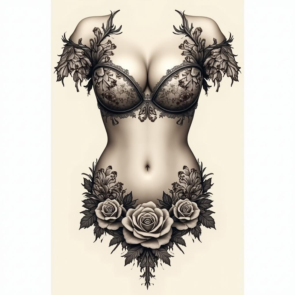 floral that goes between the breasts and down to the stomachin victorian style tattoo, featuring vintage and elegant elements, ornate frames, roses, antique, sepia-toned color scheme - Variation 3