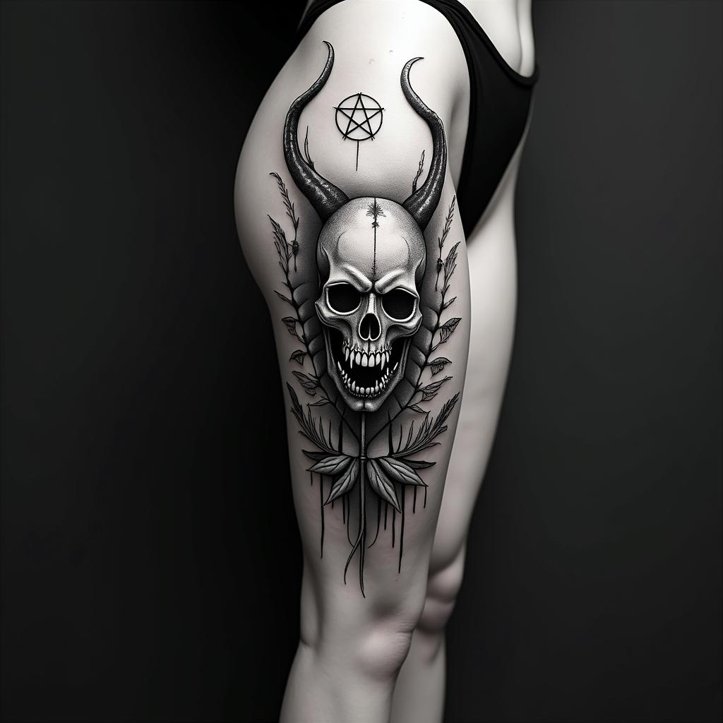 Fernscreepy horror tattoo style, featuring an eerie and unsettling skull of a demonic creature, distorted face with sharp fangs, add pentagram symbol - Variation 3