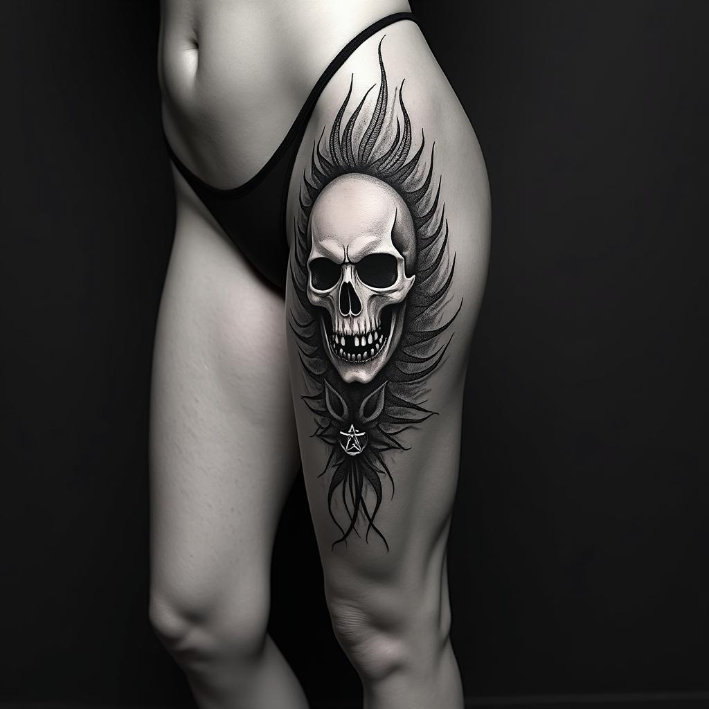 Fernscreepy horror tattoo style, featuring an eerie and unsettling skull of a demonic creature, distorted face with sharp fangs, add pentagram symbol