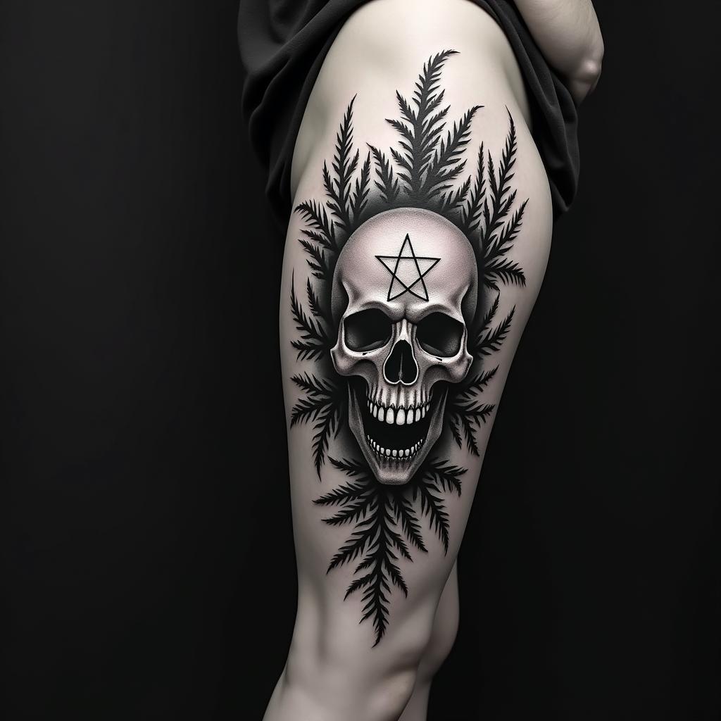 Fernscreepy horror tattoo style, featuring an eerie and unsettling skull of a demonic creature, distorted face with sharp fangs, add pentagram symbol - Variation 4