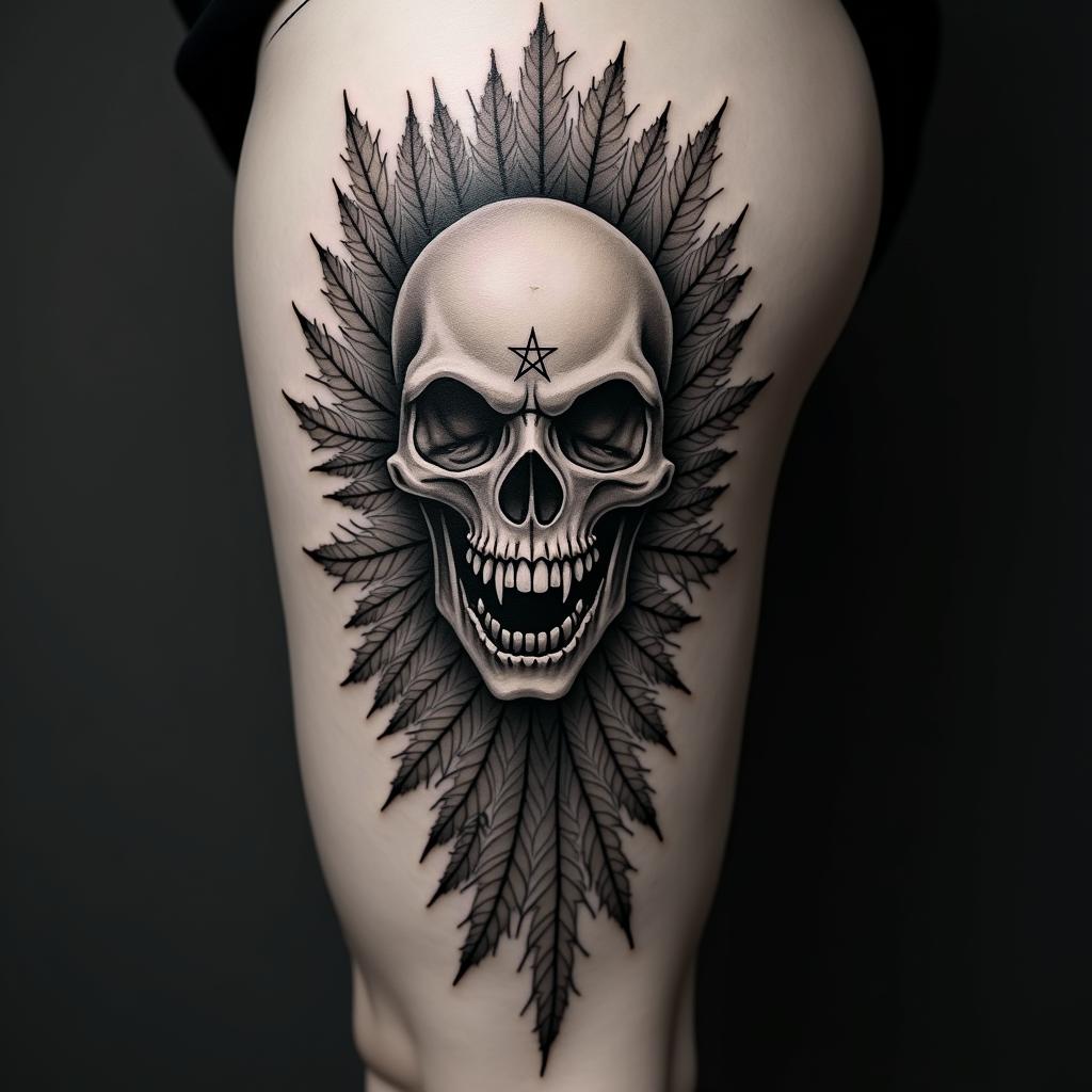 Fernscreepy horror tattoo style, featuring an eerie and unsettling skull of a demonic creature, distorted face with sharp fangs, add pentagram symbol - Variation 2